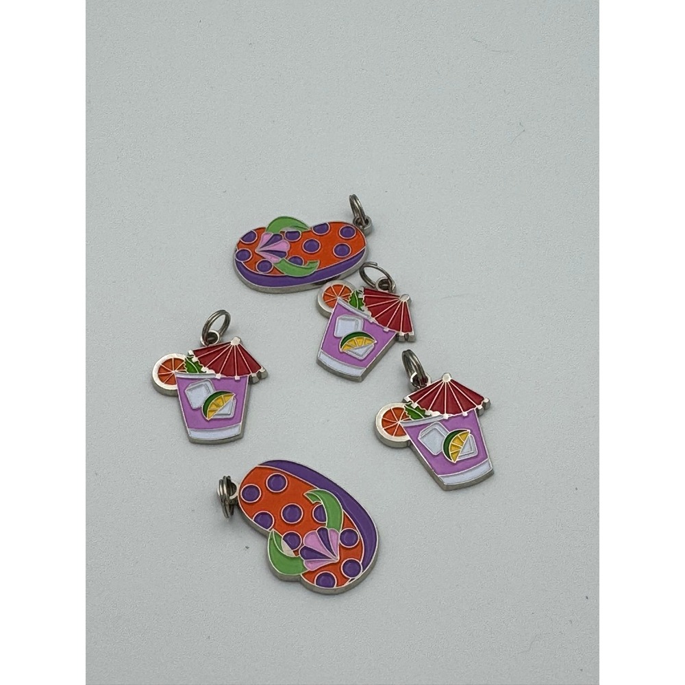 Tropical‎ Summer Enamel Charms Set 5pc Flip Flops Cocktail Drinks Silver Tone